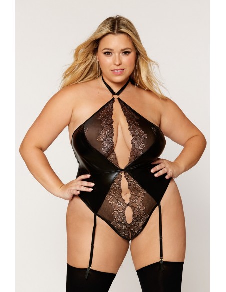 Body Grande Taille Wetlook Et Dentelle Avec Porte Jarretelles Noir