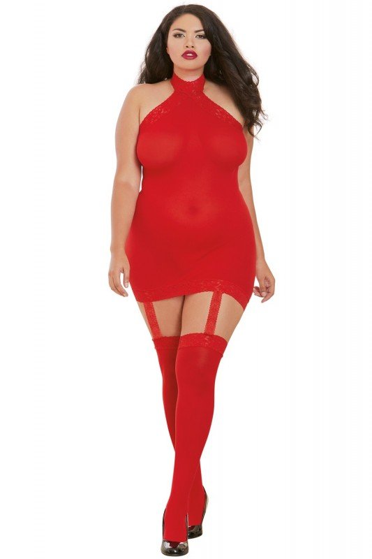 Bodystocking rouge grande taille, effet guêpière & dentelle | Dreamgirl
