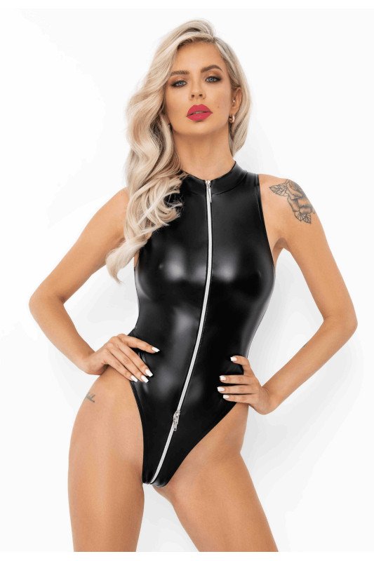 Body wetlook zip argenté sexy | Noir HandMade